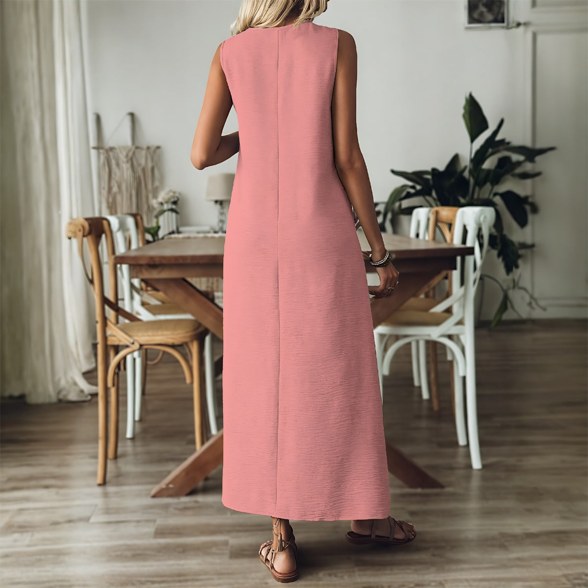 Pink Women's V-Neck Long Dress with A-Line Silhouette, "Faith Hebrews 11:1" Design