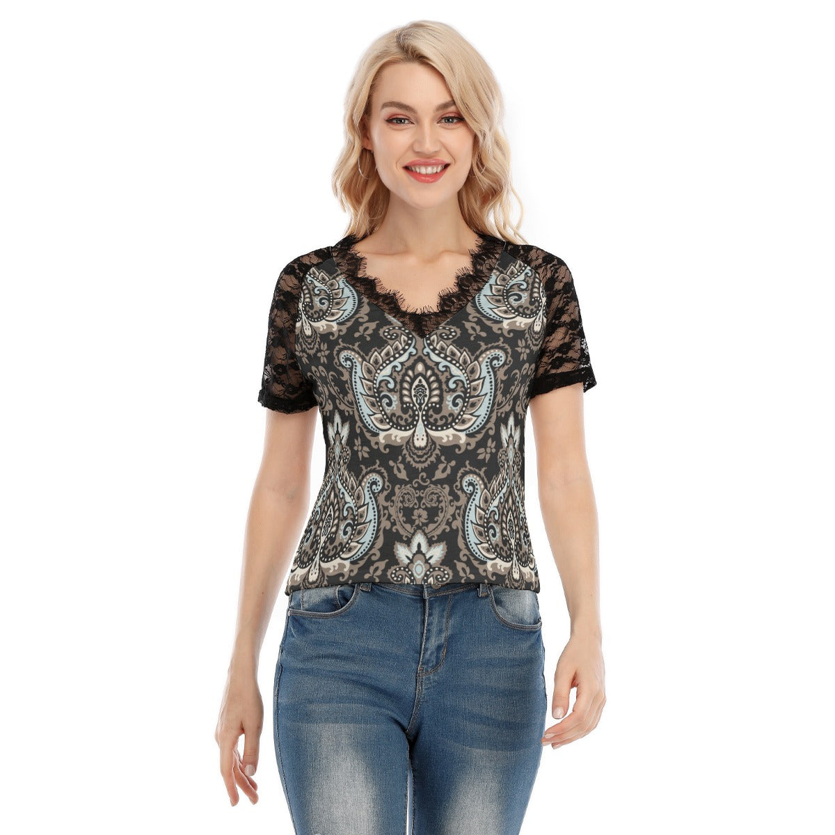Women's Black Lace V-Neck T-Shirt Tee "I am a new creation"