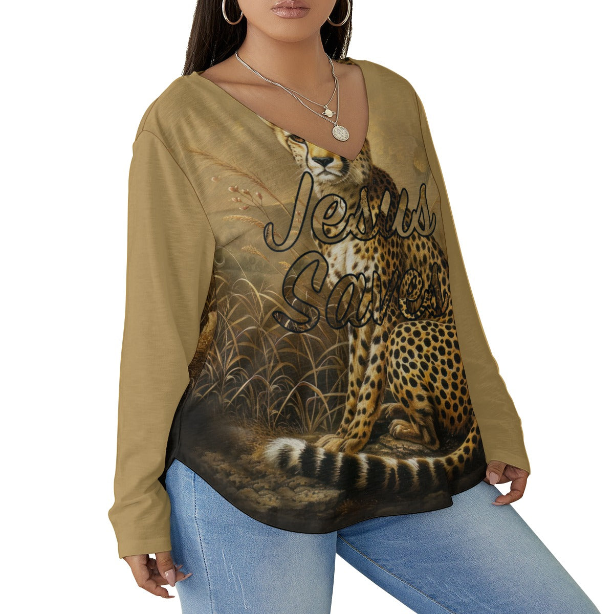 Jesus Saves Leopard Print Women's V-neck T-shirt With Curved Hem (Plus Size)