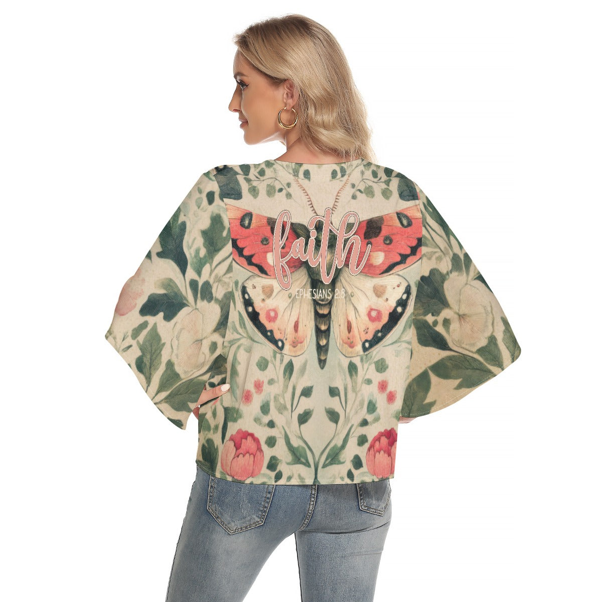 Elegant Women's Bat Sleeve V-neck Top with Faith Ephesians 2:8 Floral Butterfly Design