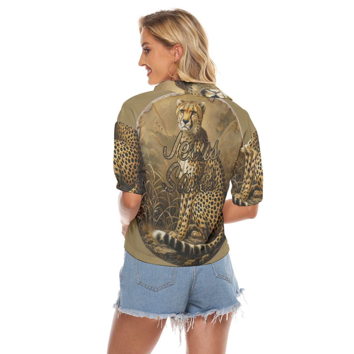 "Jesus Saves" Leopard Design Women's Fashionable V-neck Loose Fit Shirts with Side Slits and Pockets