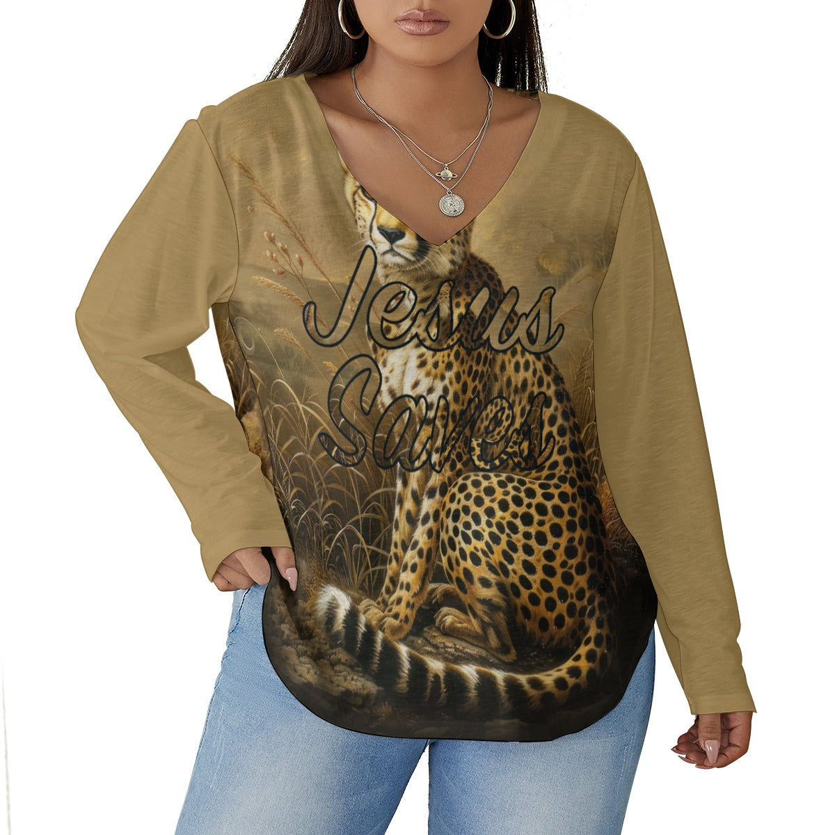 Jesus Saves Leopard Print Women's V-neck T-shirt With Curved Hem (Plus Size)