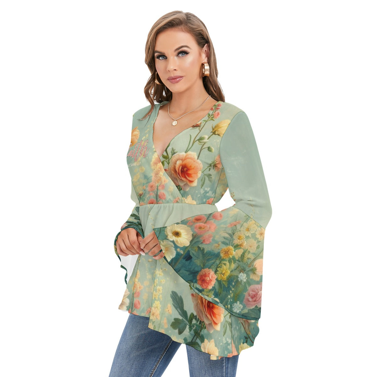 Women's V-neck Polyester Blouse with Flared Butterfly Sleeves & Faith Ephesians Design
