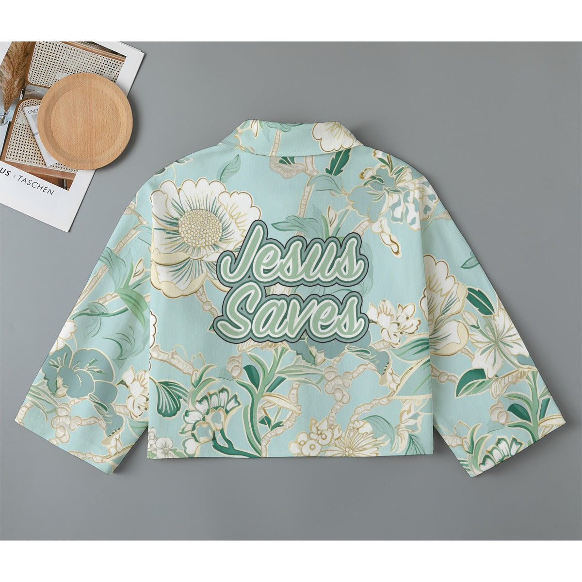"Jesus Saves" Light Blue Floral Women's Cropped Denim-Style Cardigan | Pure Cotton | Mid-Sleeves | With Pocket