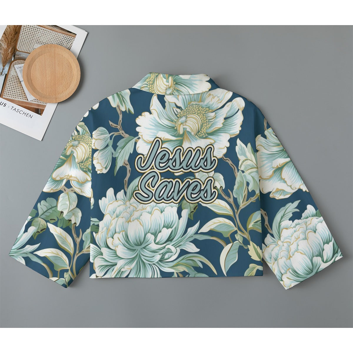 'Jesus Saves" Blue & White Floral Women's Cropped Jacket | 245GSM Cotton