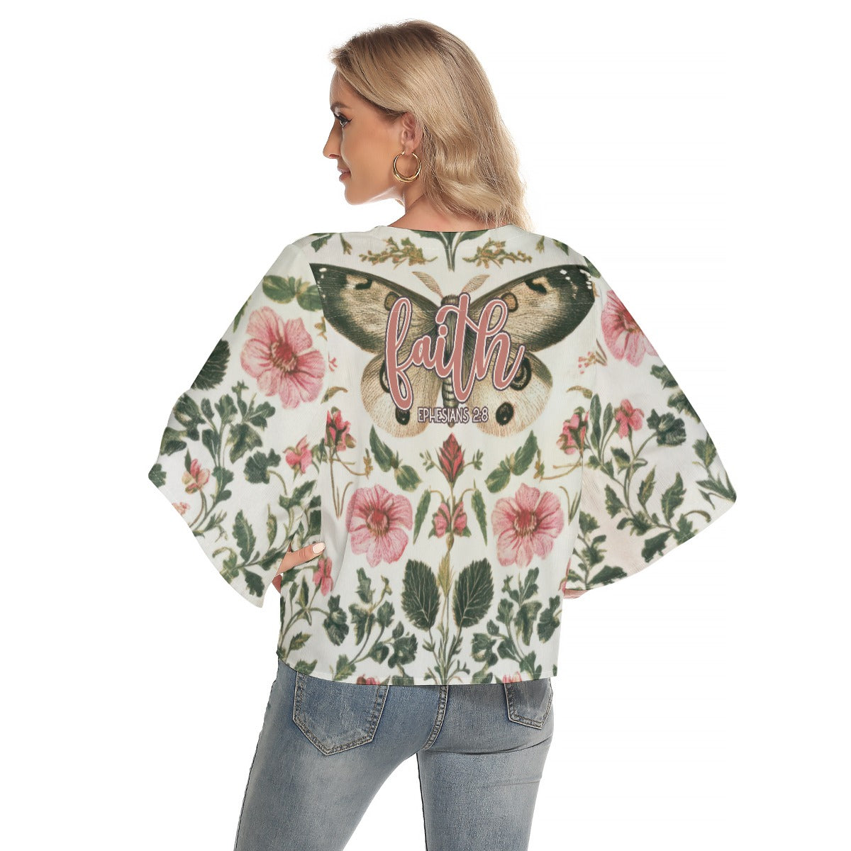 Elegant Women's Bat Sleeve V-neck Top with Faith Ephesians 2:8 Design