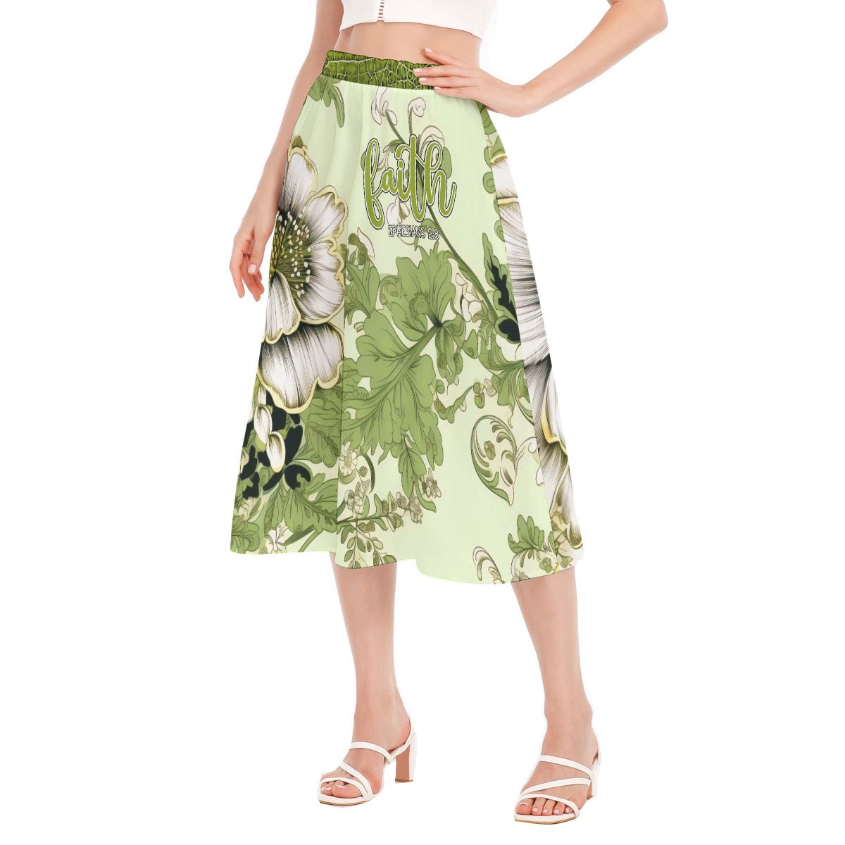 "faith ephesians 2:8" Lime green Floral Women's Long Section Chiffon Skirt