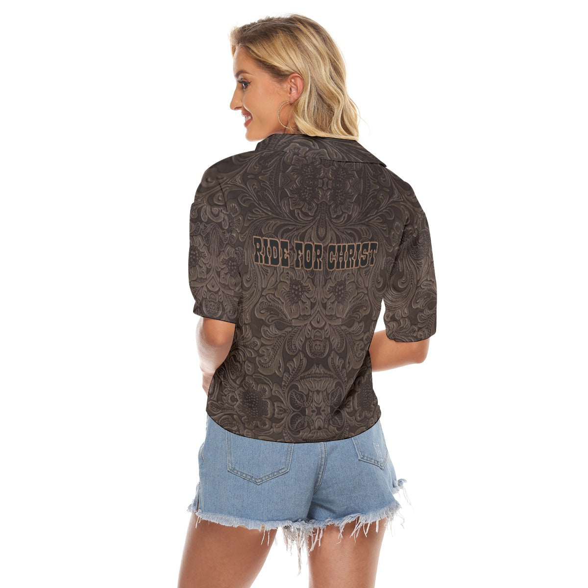 "Ride For Christ" Chocolate Tooled Leather Print Women's V-neck Shirts
