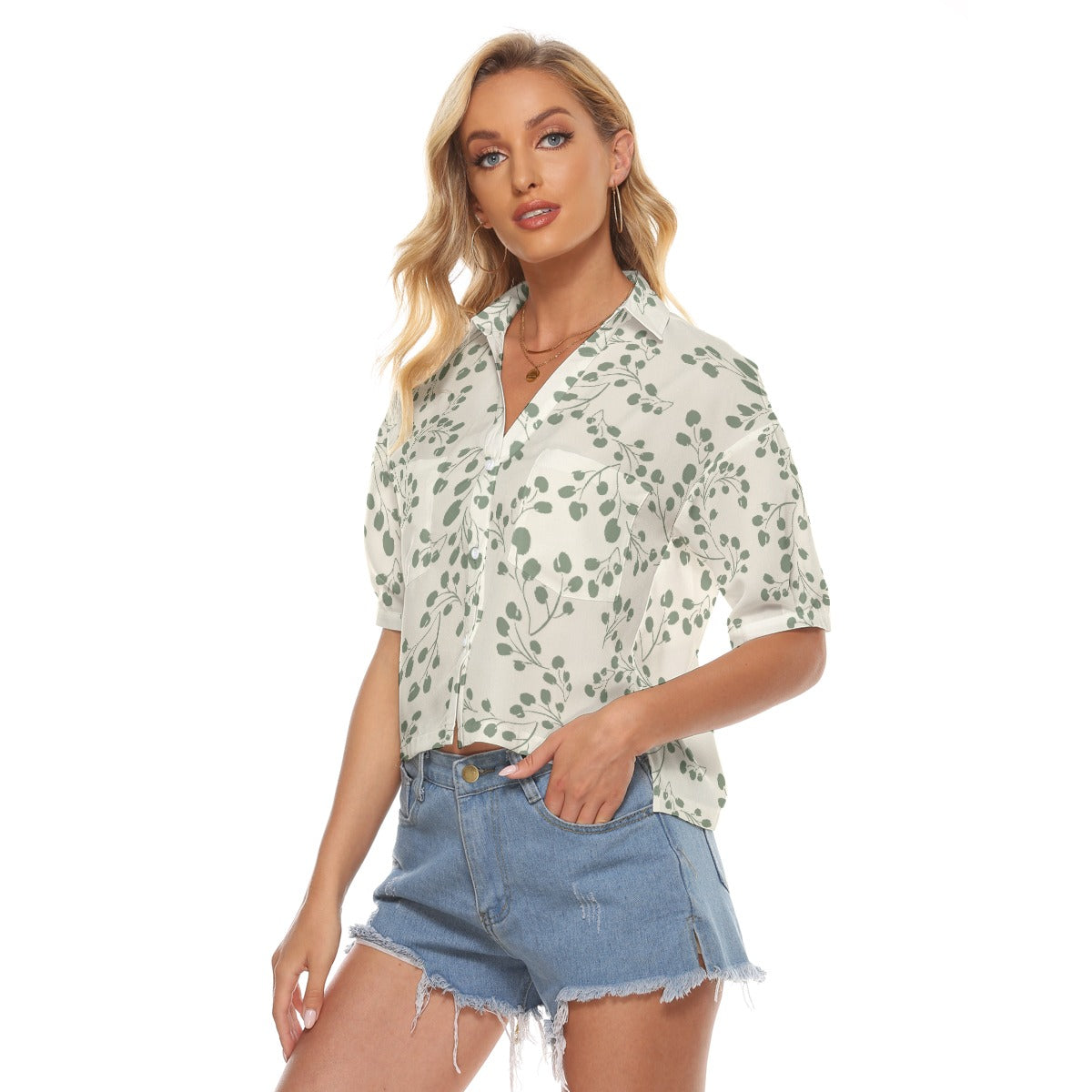 Green & White Floral Print Loose V-Neck Women's Shirt with Side Slits and Pockets