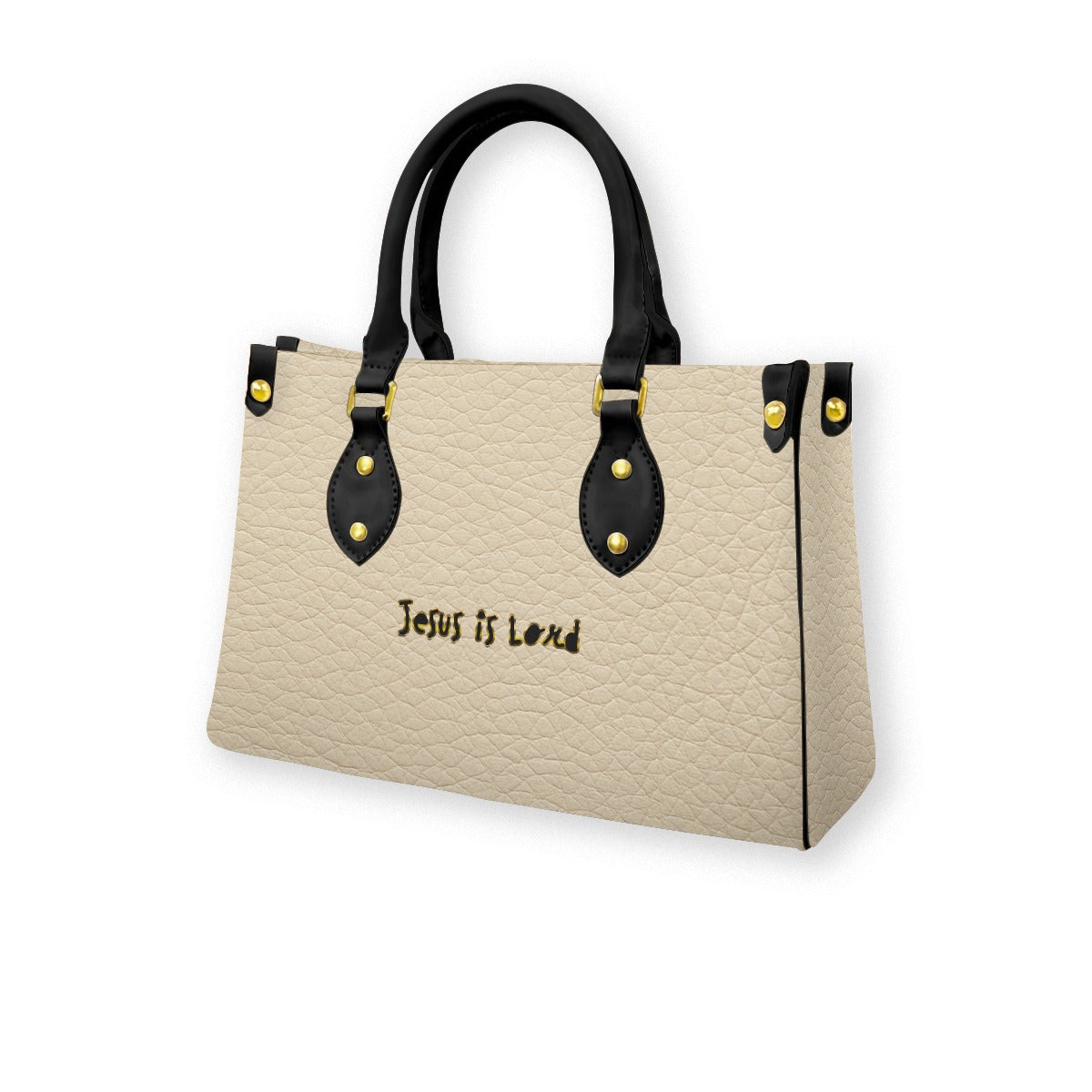 "Jesus is Lord" Faux Cream Leather Women's Tote Bag With Black Handle