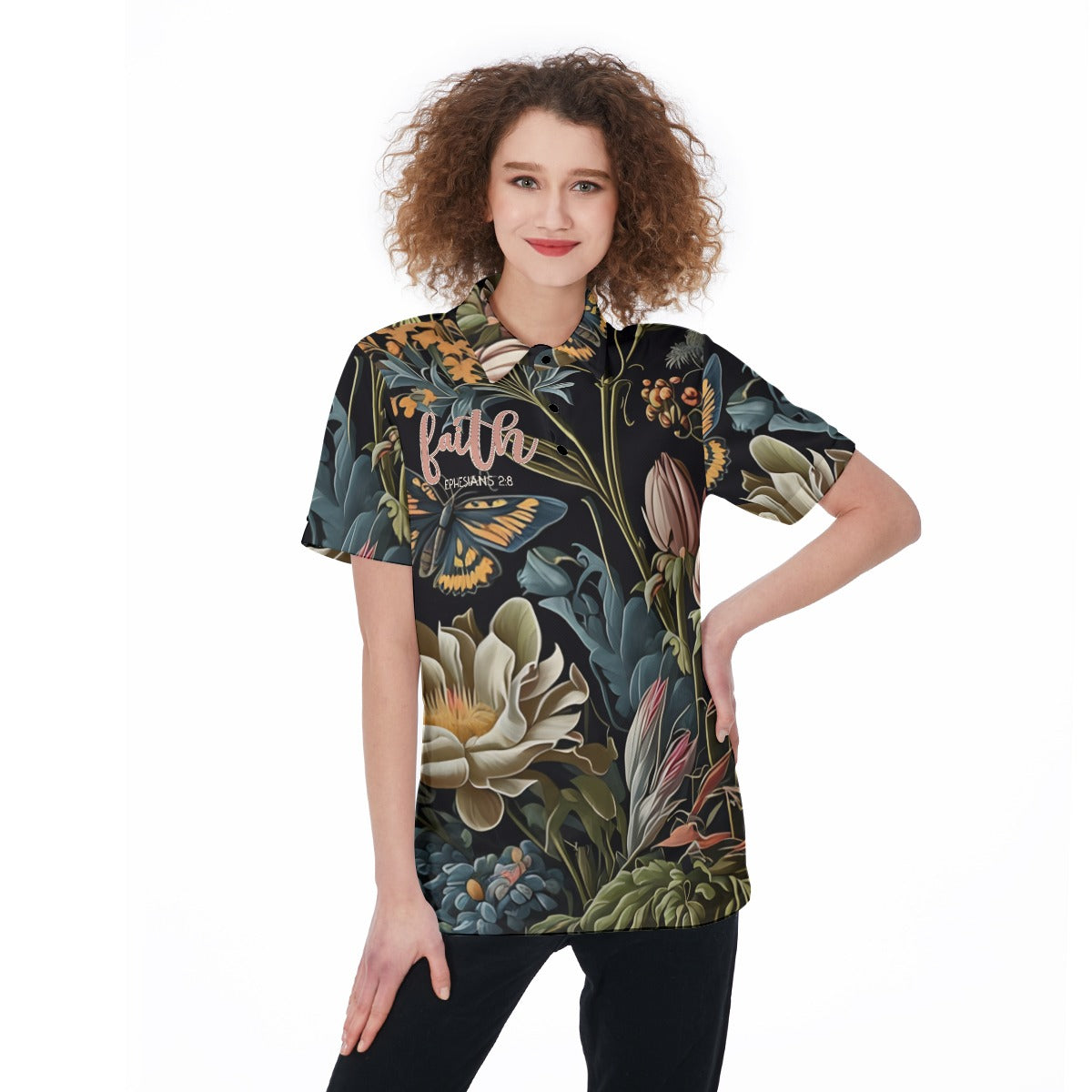 "Faith Ephesians 2:8" Black & Pink Floral Women's Polo Shirt with Button Placket and Polo Collar - Pique Fabric