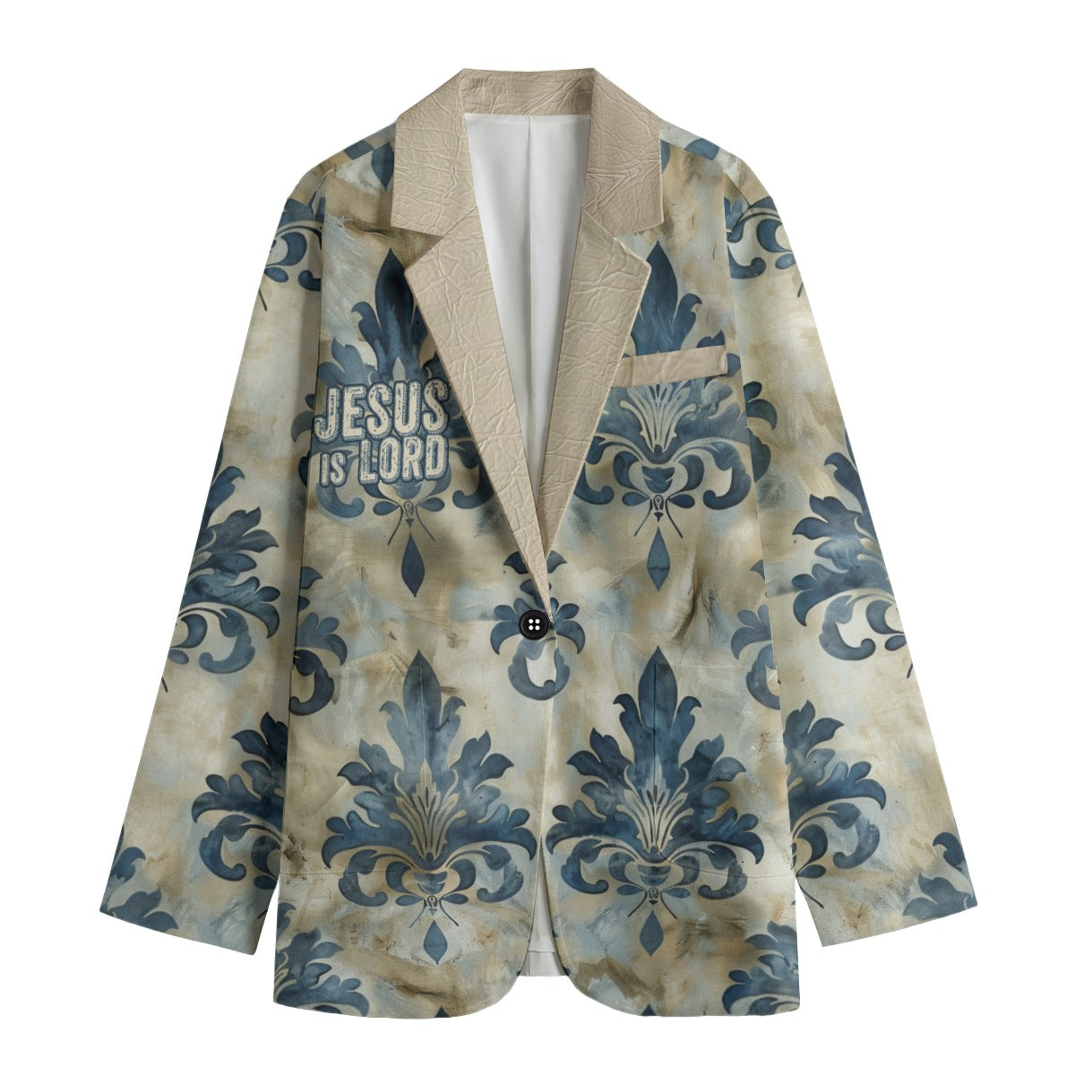 "Jesus is Lord" Blue & Beige Damask Pattern with Faux Leather Cotton Lapel Women's Leisure Blazer | 245GSM Cotton