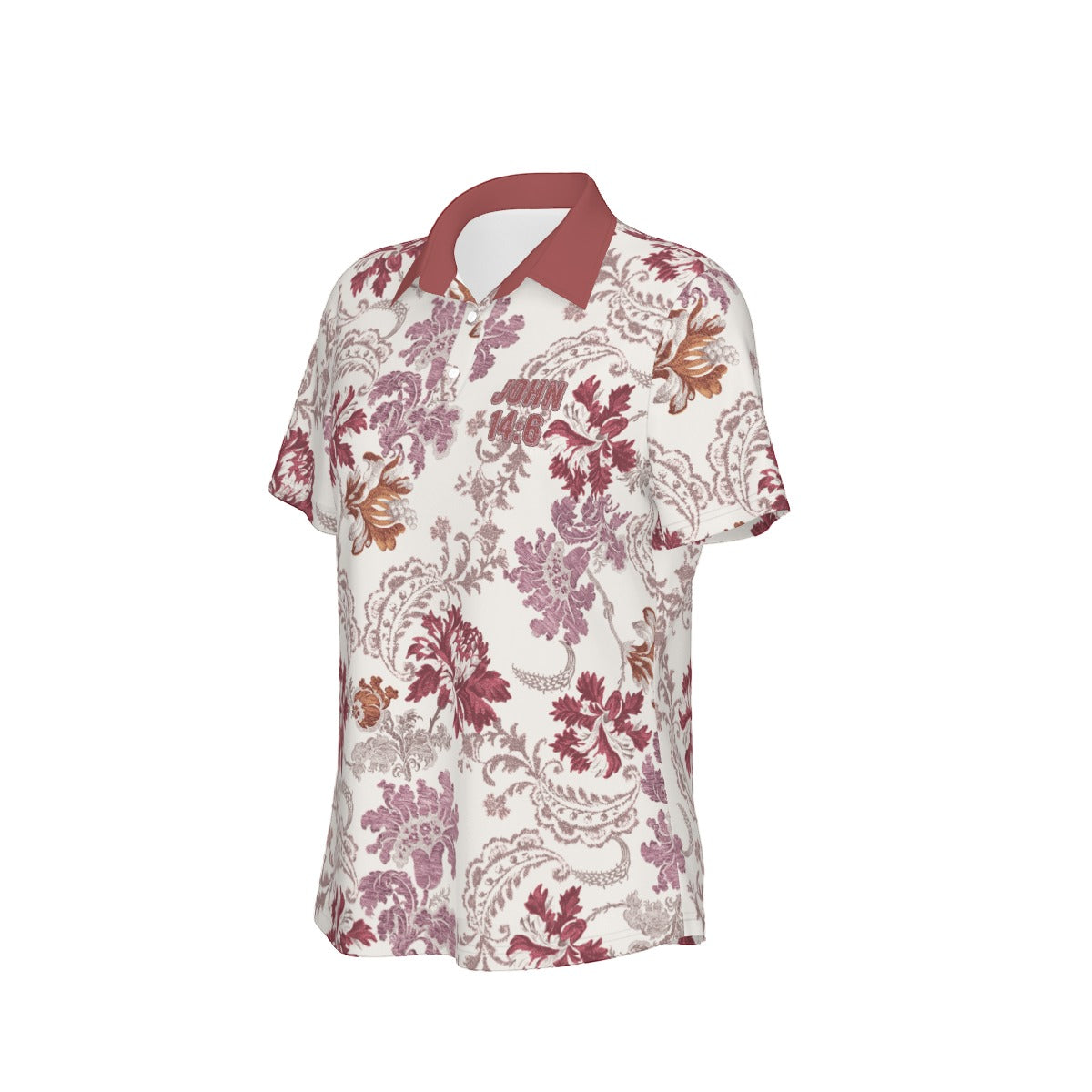 "John 14:6" Red & White Floral Print Women's Sports Polo Shirt with Stretch Fabric