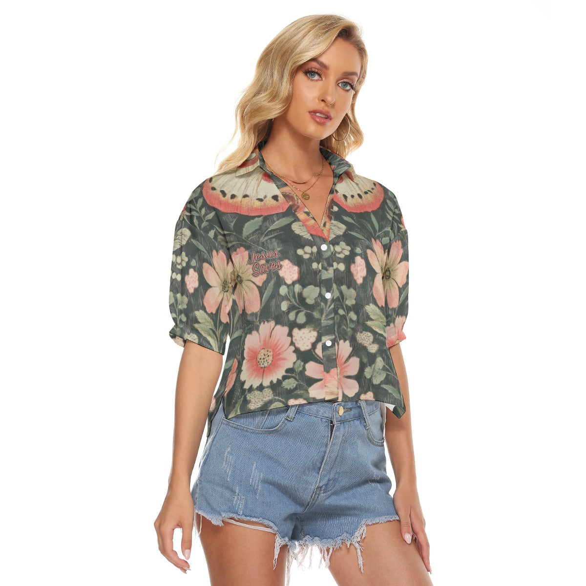 "Jesus Saves" Butterfly Floral Women's V-neck Shirts