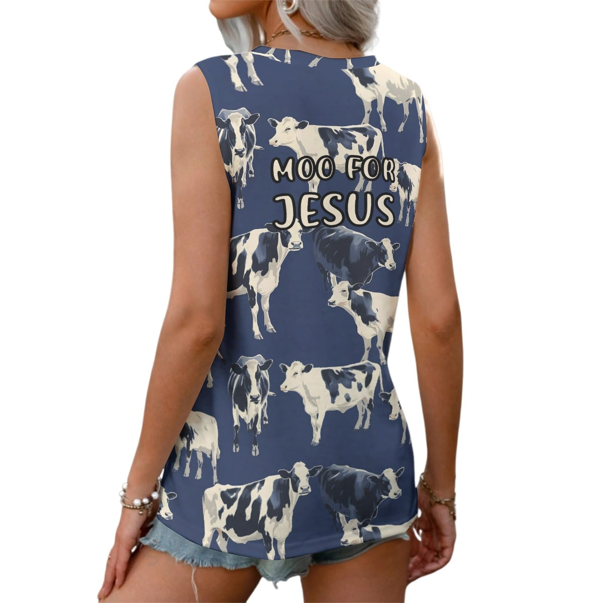 "moo for Jesus" Black & White Cow Women's Sports Vest | 180GSM Cotton Tank Top
