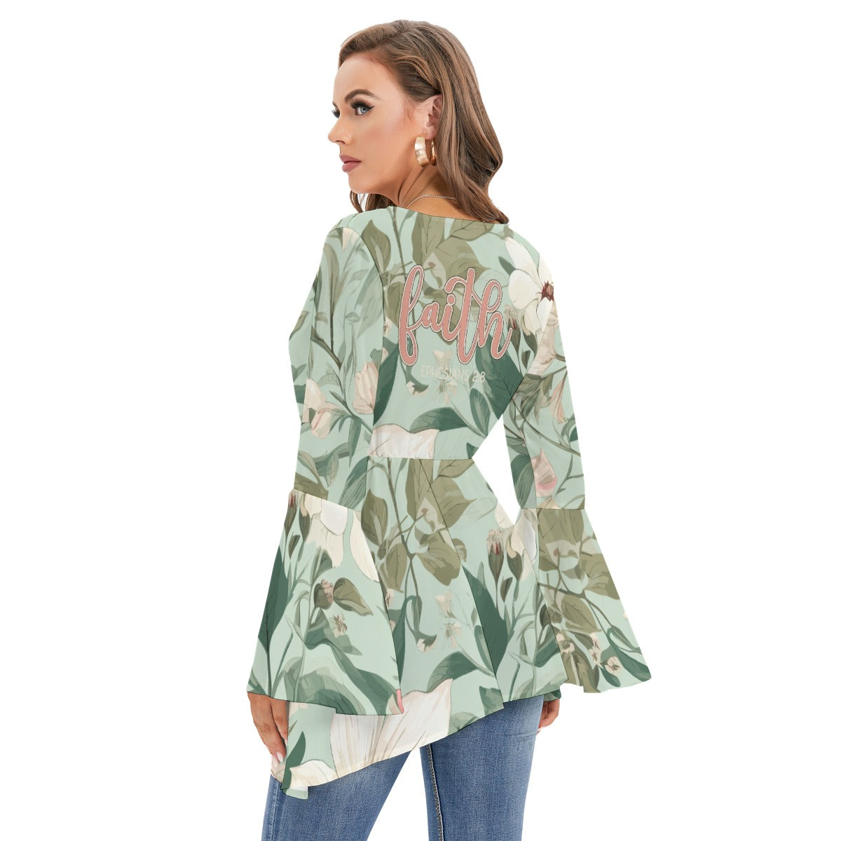 "Faith Ephesians 2:8" Women's V-neck Polyester Blouse with Flared Butterfly Sleeves