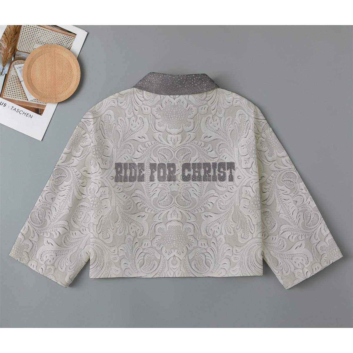 "Ride for Christ" off-white Faux Tooled leather Cotton Women's Cropped Jacket | 245GSM Cotton
