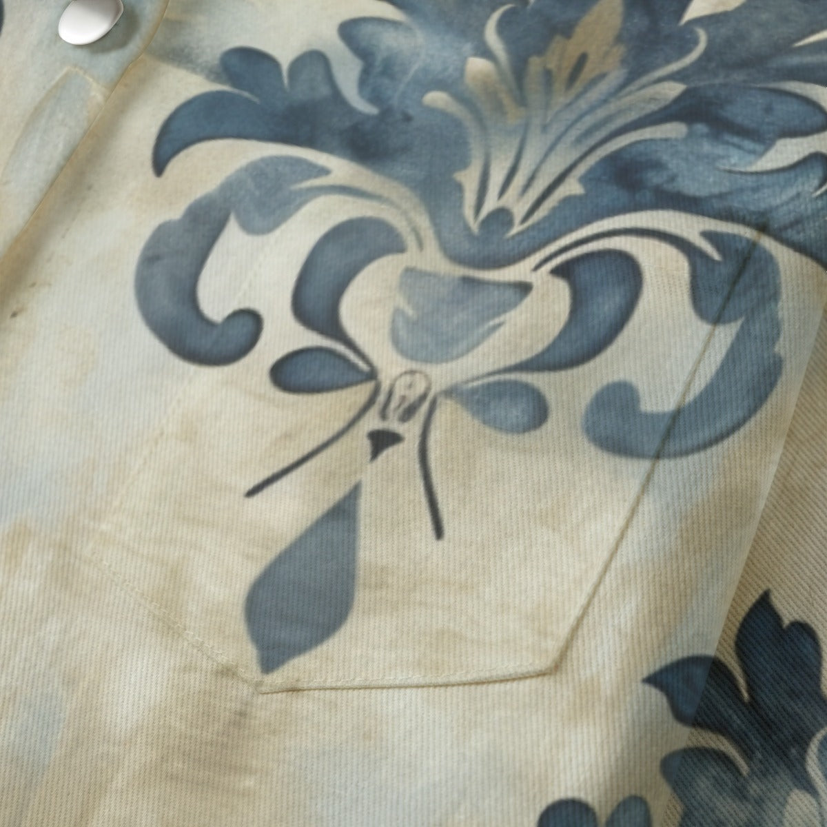 "Jesus is Lord" Blue & Beige Damask Pattern Women's Stylish Cropped Denim-Inspired Cardigan, Pure Cotton | 245GSM