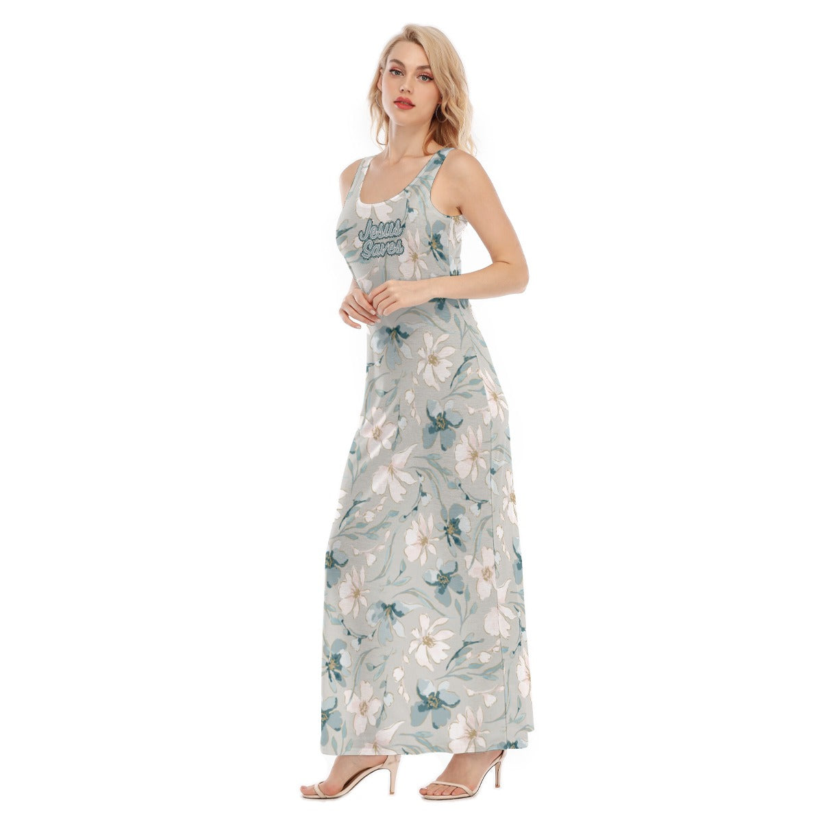 "Jesus Saves" Blue Floral Women's Vest Dress | Length to Ankle | Jersey Fabric
