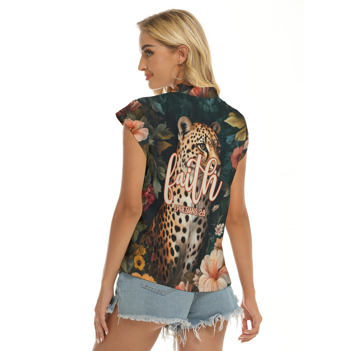 "Faith Ephesians 2:8" Women's Stacked V-neck Short Sleeve Blouse
