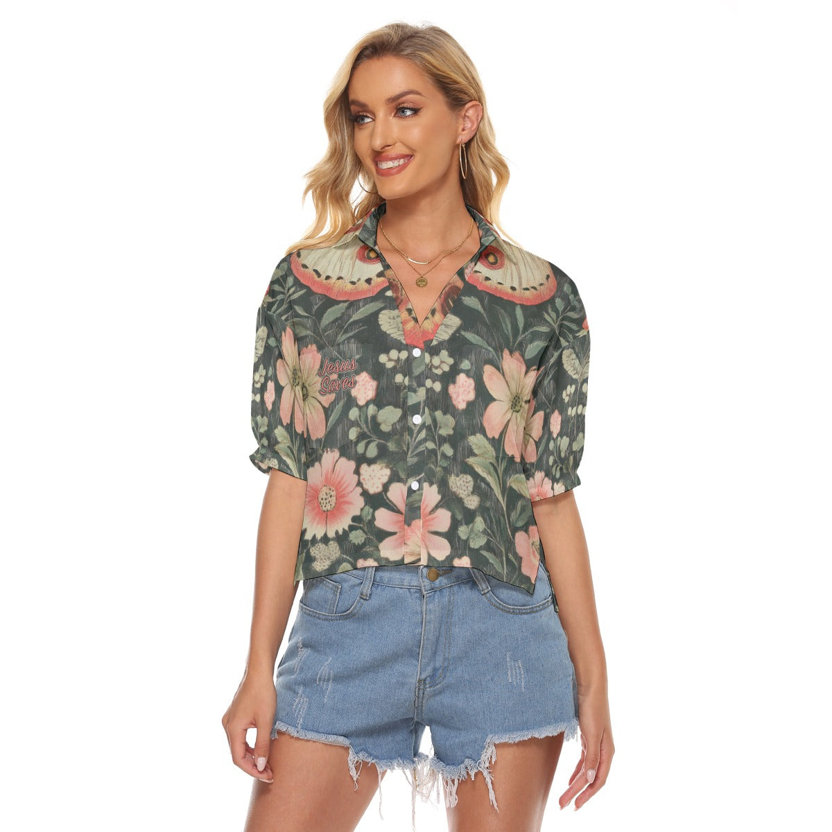 "Jesus Saves" Butterfly Floral Women's V-neck Shirts