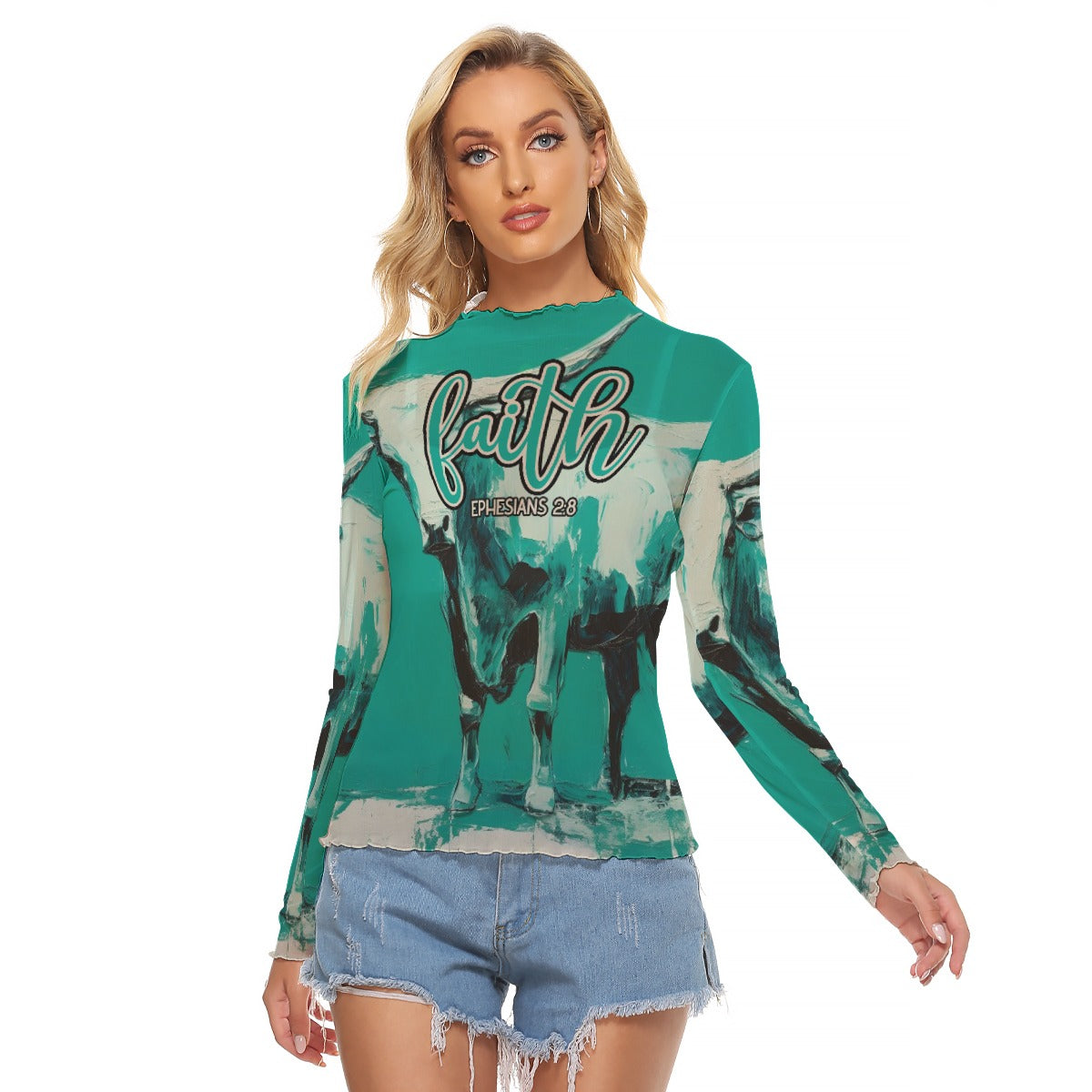 "Faith Ephesians 2:8" Green Cow Women's Mesh T-shirt