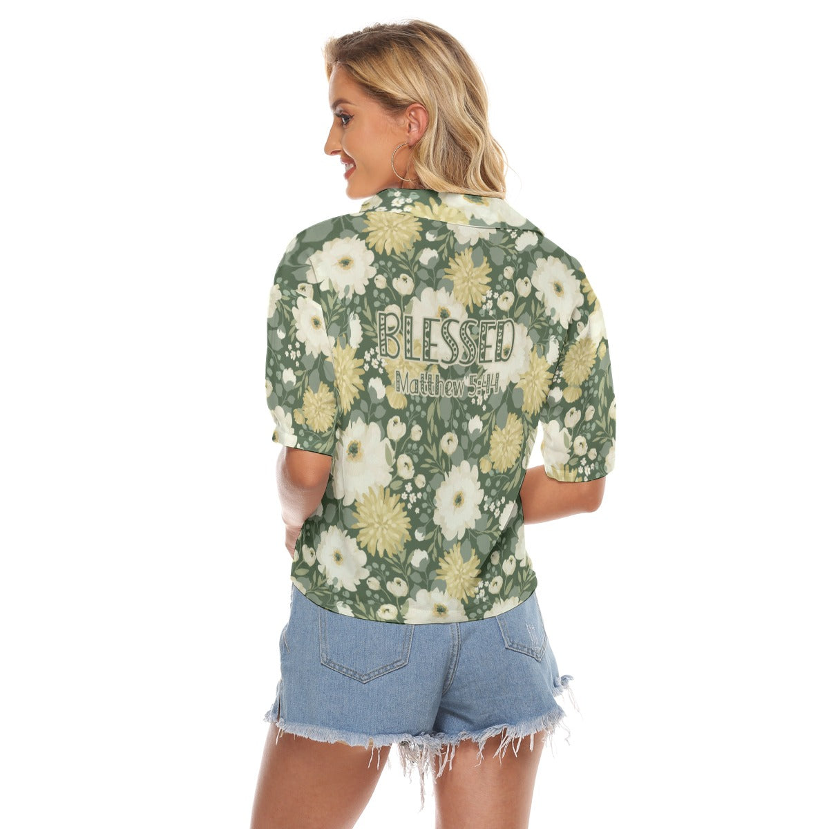 "Blessed Matthew 5:44" Green & White Floral Print Loose V-Neck Women's Shirt with Side Slits and Pockets