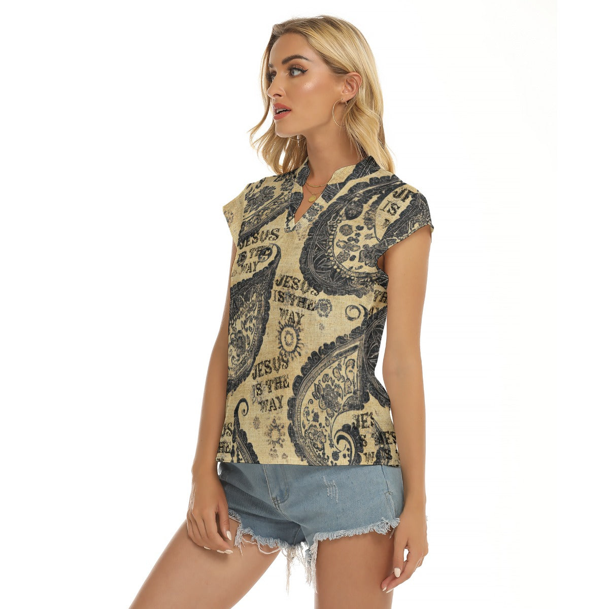 "Jesus is the way" Women's Stacked V-neck Short Sleeve Blouse with Four-way Stretch for Everyday Style
