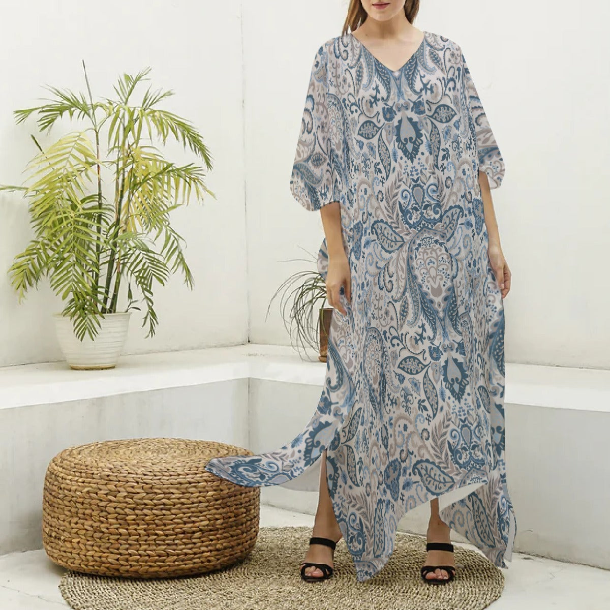 Paisley Print Women's Imitation Silk V-neck Kaftan Robe "I am a child of God"