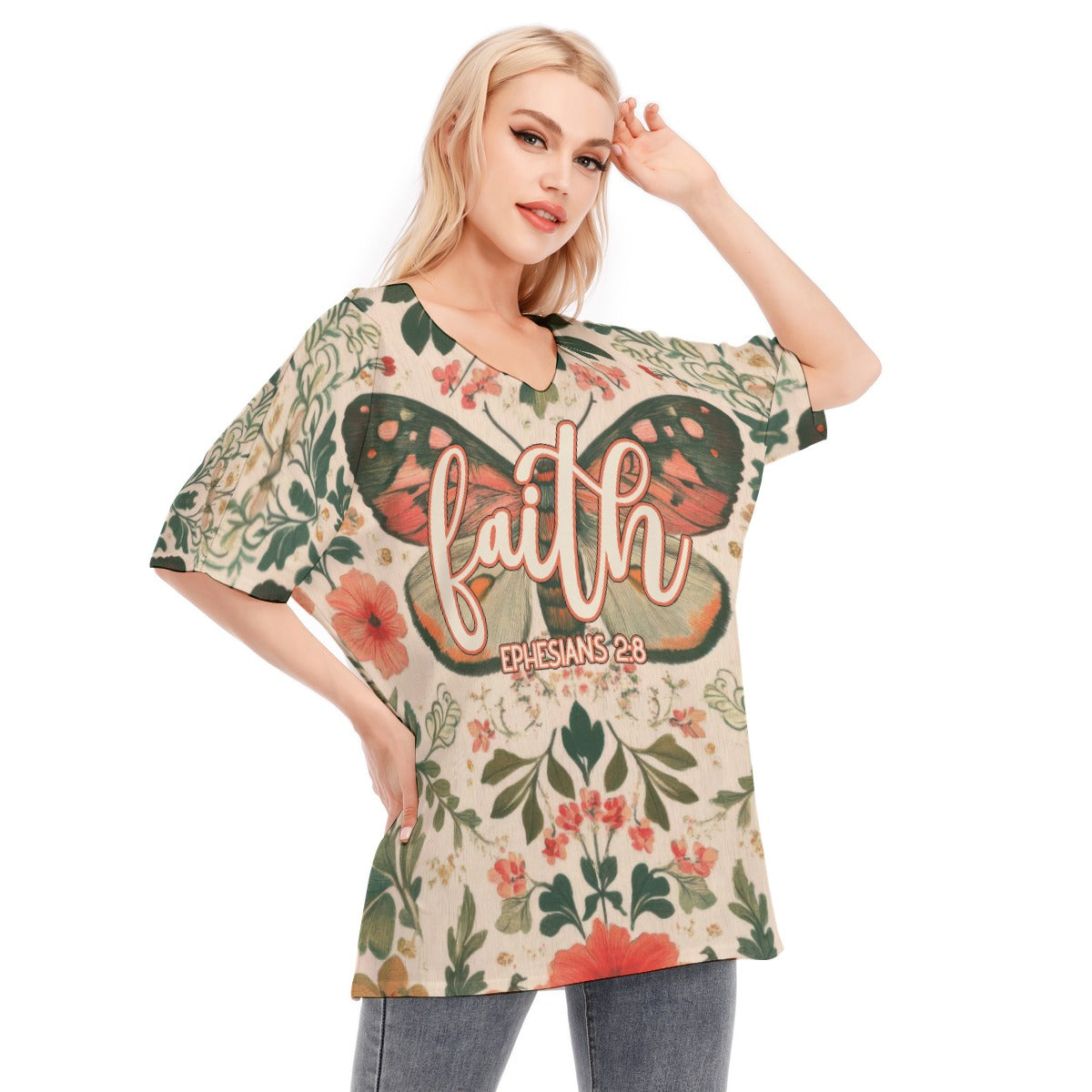 Faith Ephesians 2:8 Butterfly Floral Women's Bat Sleeve Blouse | 190GSM Cotton