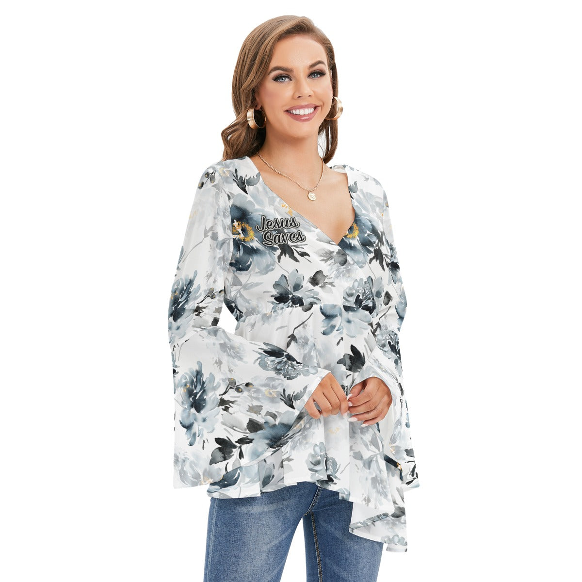"Jesus Saves" White Blue & Black Floral Women's V-neck Blouse With Flared Sleeves