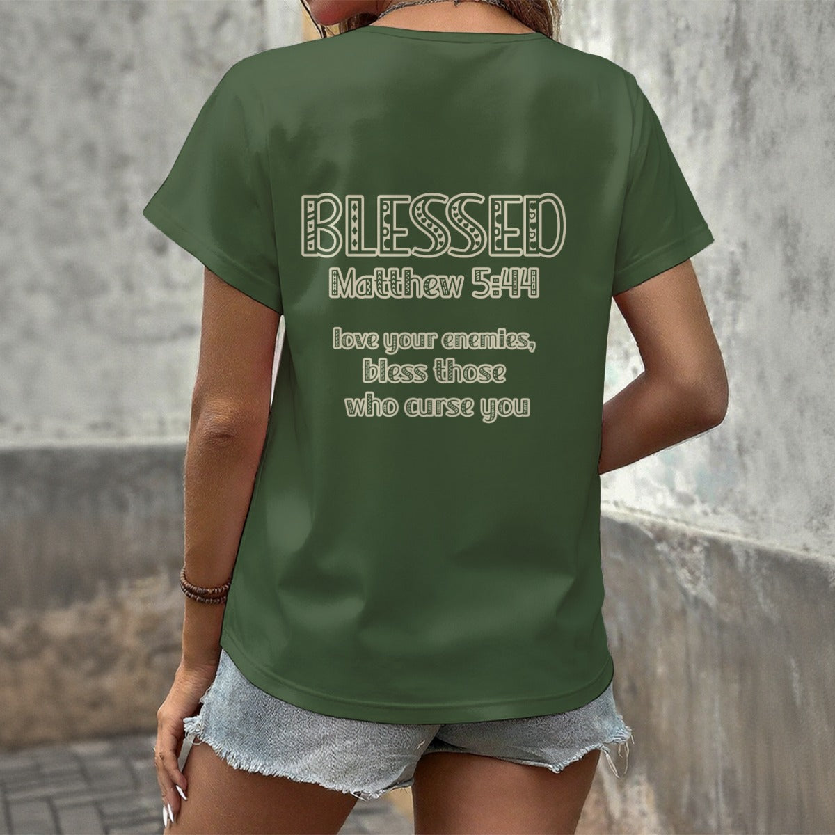 "Blessed Matthew 5:44" Green Women's V-Neck T-Shirt with Stylish Print, Soft Cotton Blend Summer Top