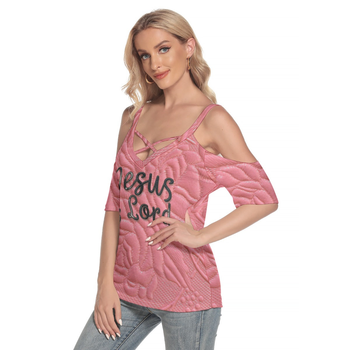 "Jesus is Lord" Pink Faux texture Women's Cold Shoulder T-shirt With Criss Cross Strips