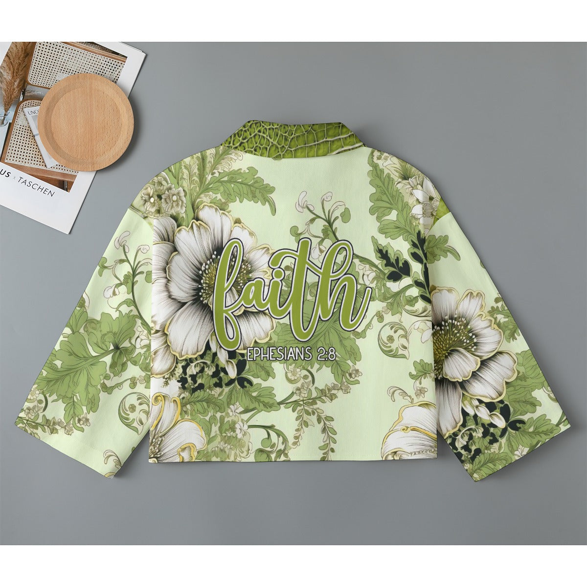 "Faith Ephesians 2:8" Lime Green Floral Women's Cropped Jacket | 245GSM Cotton