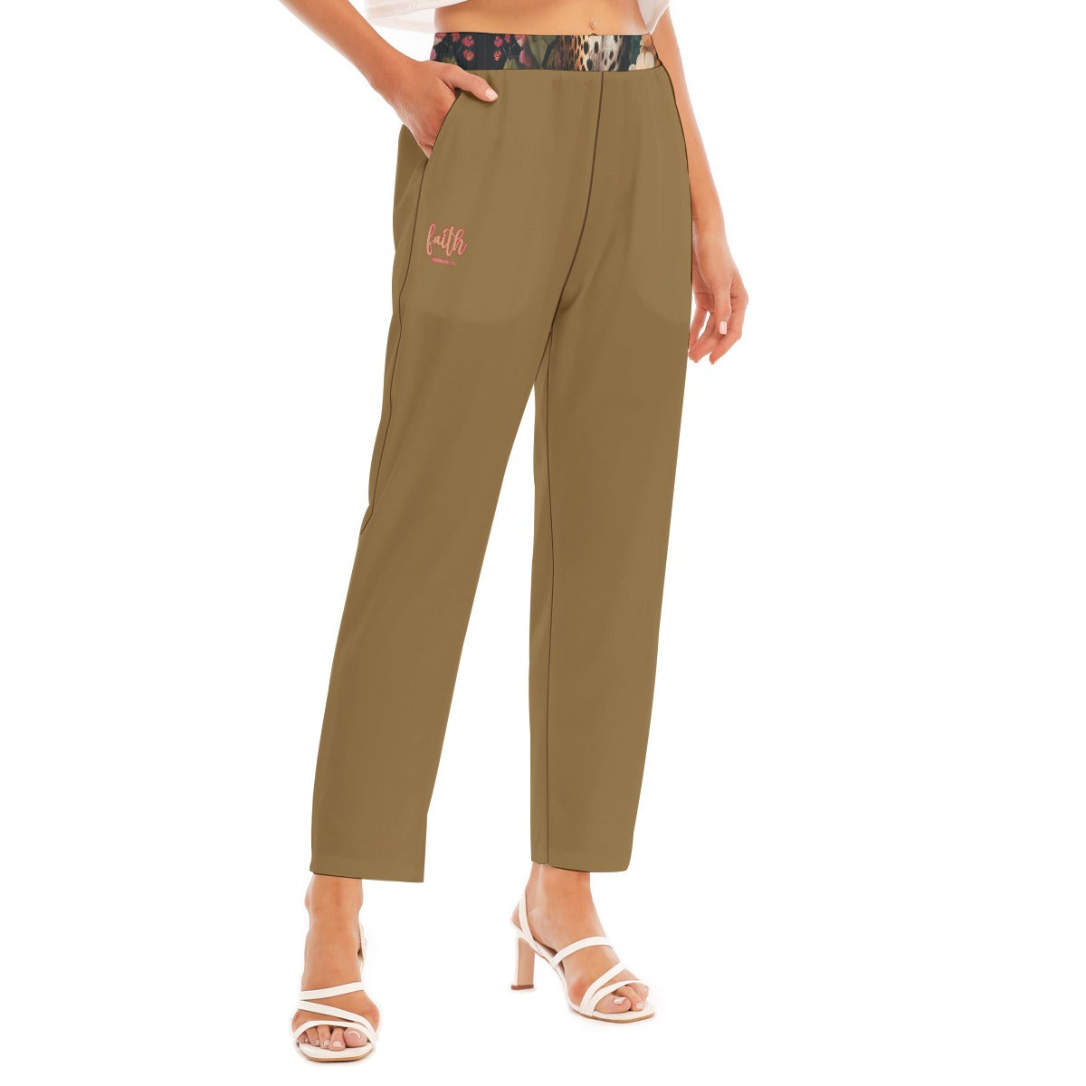 Leopard Floral Print Waist Women's Loose Straight-leg Pants - Four-way Stretch, "Faith Hebrews 11:1"