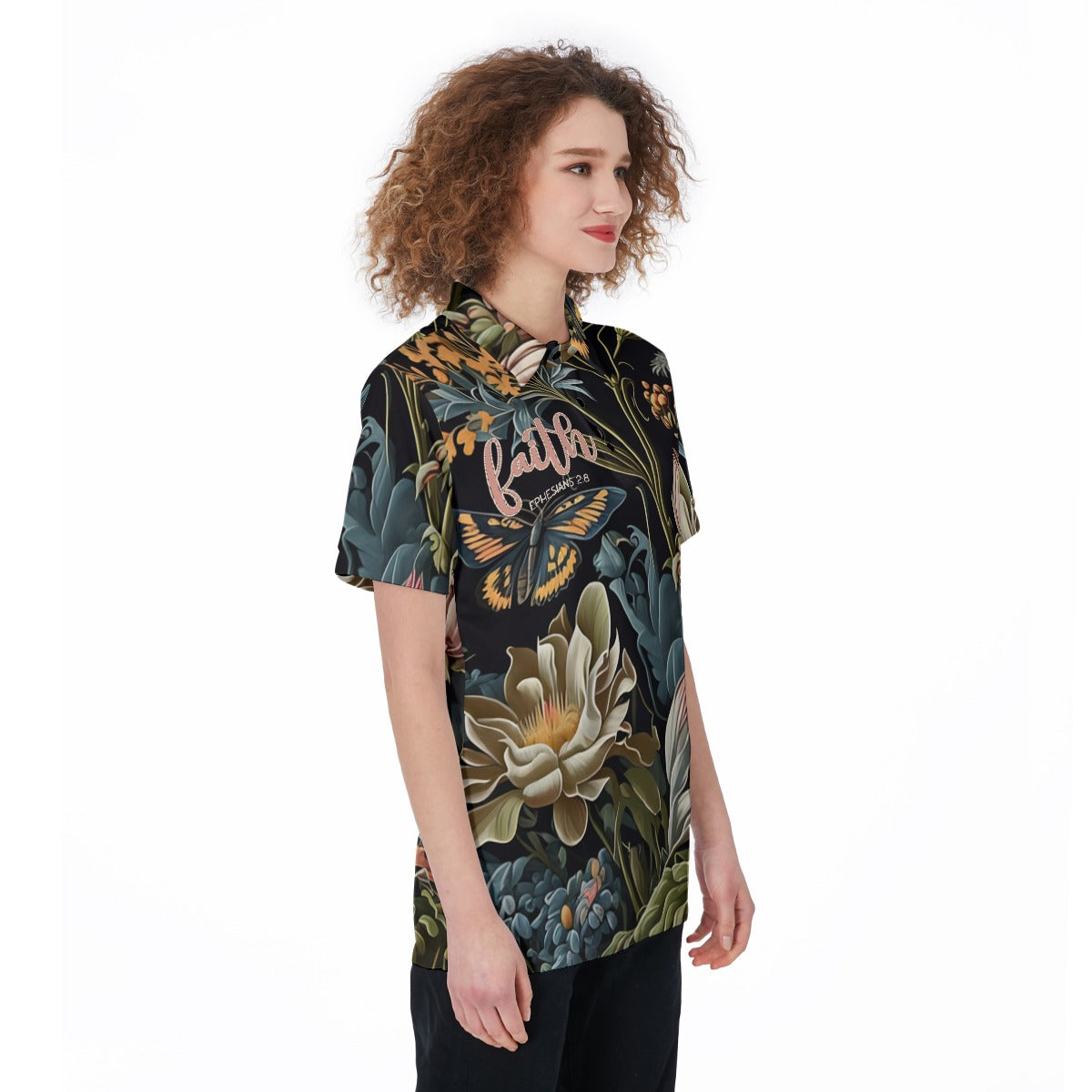 "Faith Ephesians 2:8" Black & Pink Floral Women's Polo Shirt with Button Placket and Polo Collar - Pique Fabric
