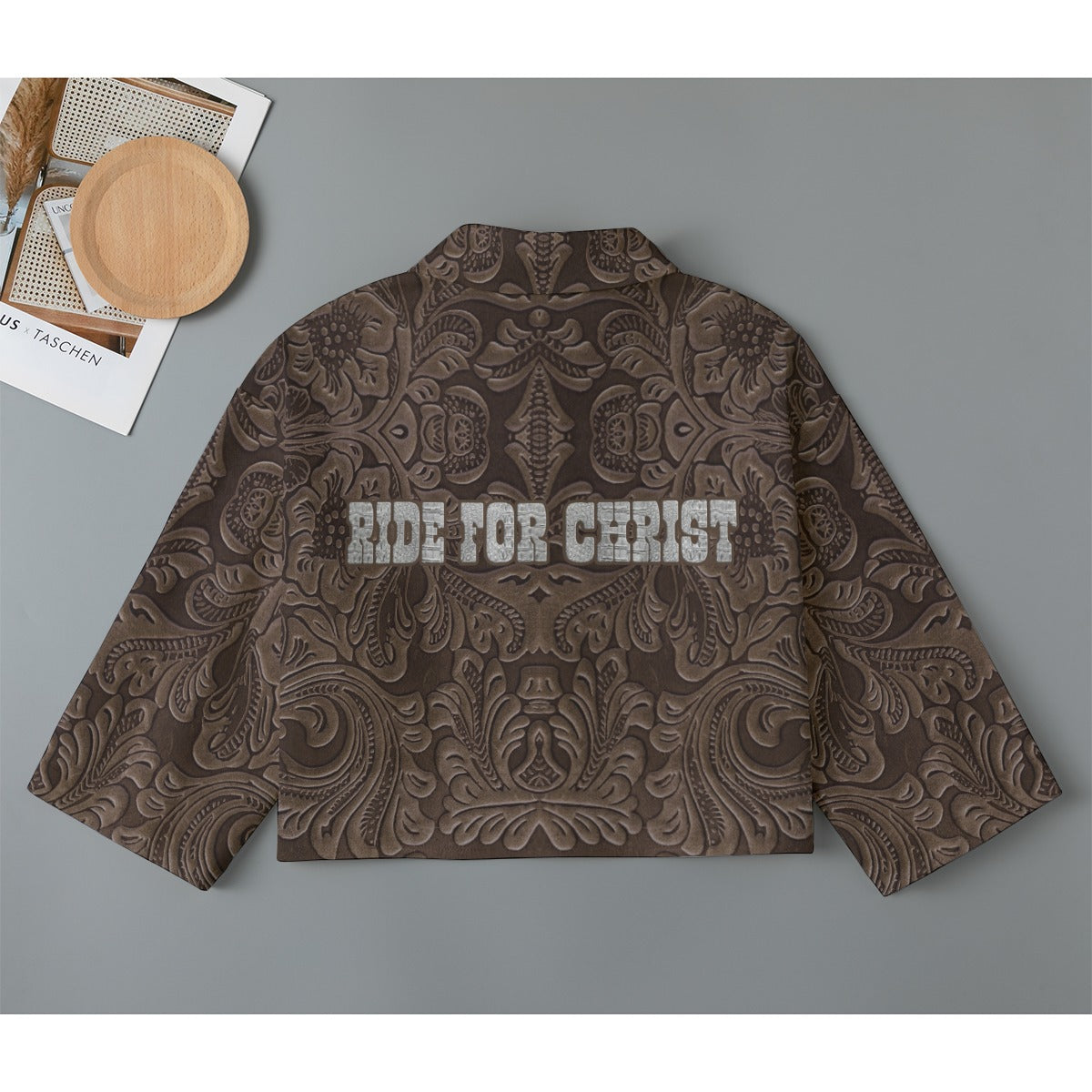 "Ride For Jesus" Brown Cotton Faux Tooled Leather Women's Cropped Jacket | 245GSM Cotton
