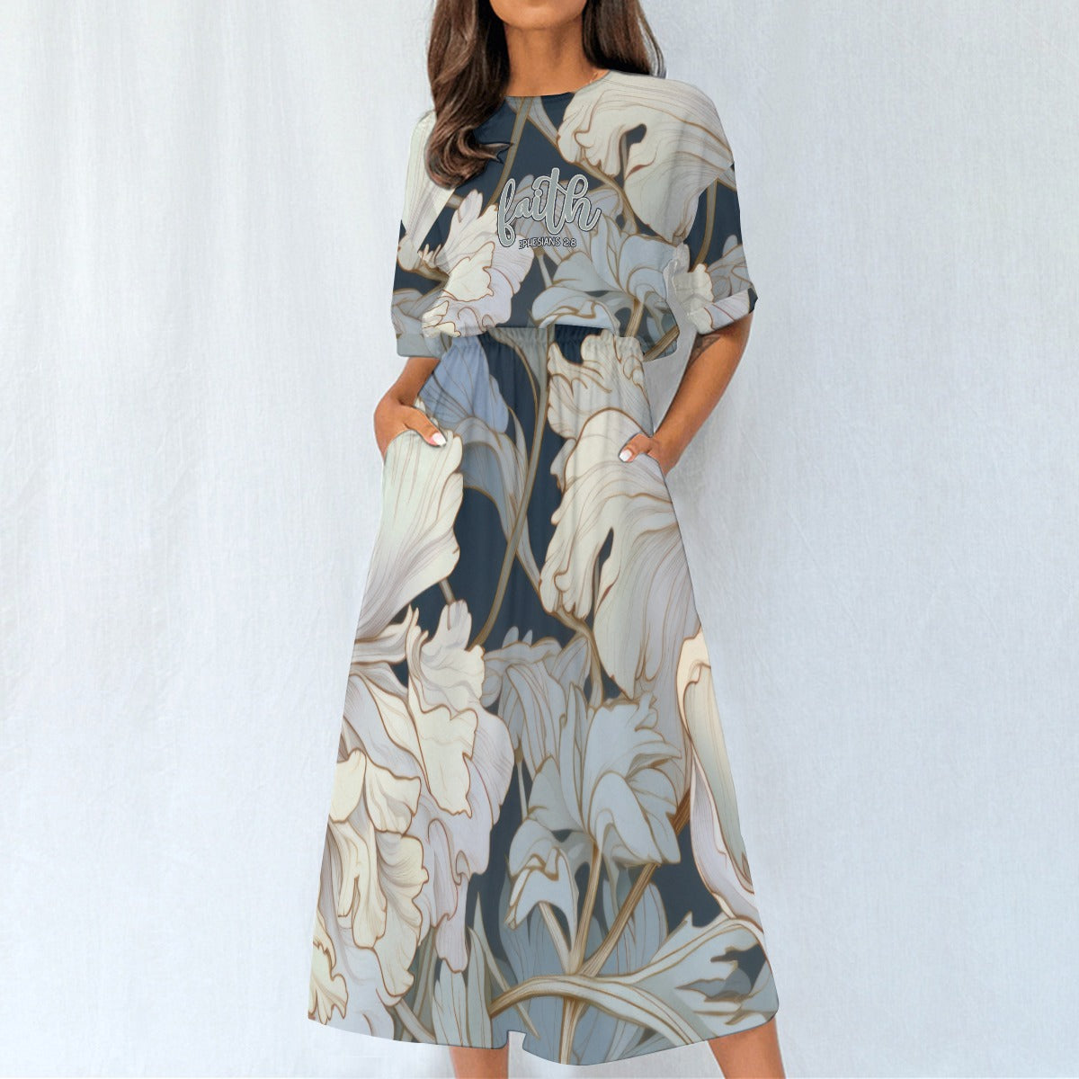 "Faith Ephesians 2:8" Blue & White Floralt Women's Elastic Waist Dress