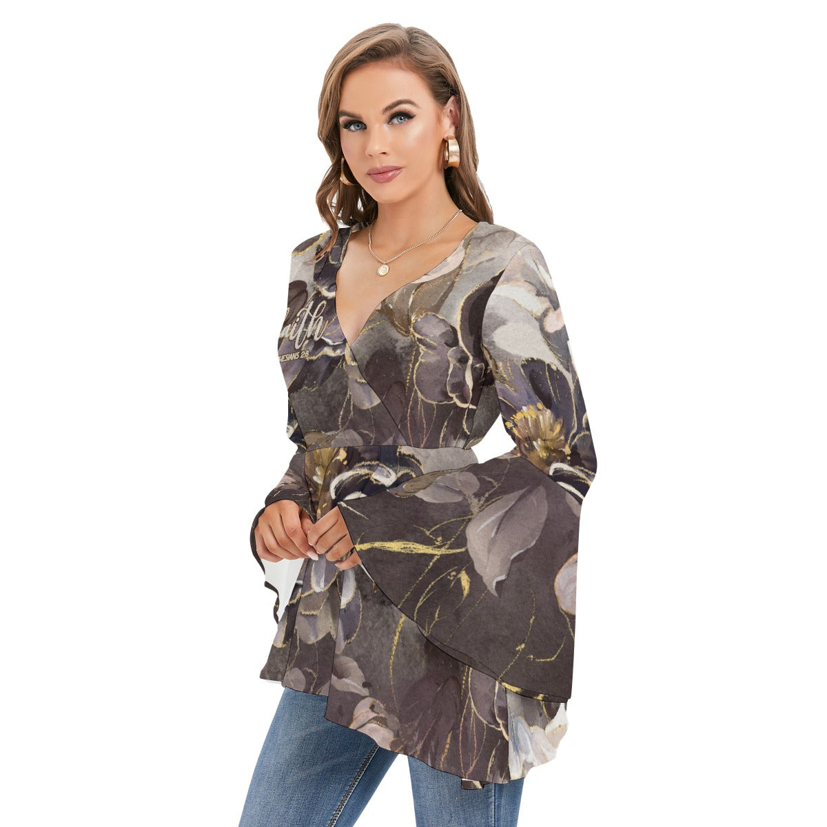 Women's V-neck Blouse With Flared Sleeves "Faith Ephesians 2:8"