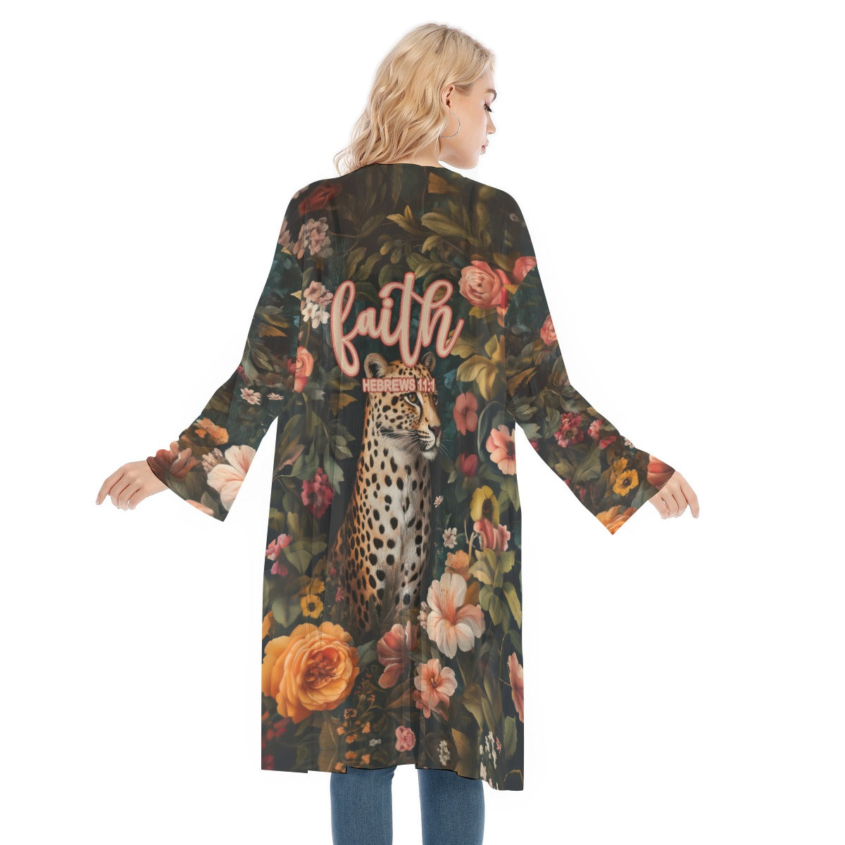 Leopard Floral Print Lightweight Mesh Cardigan for Women, "Faith Hebrews11:"