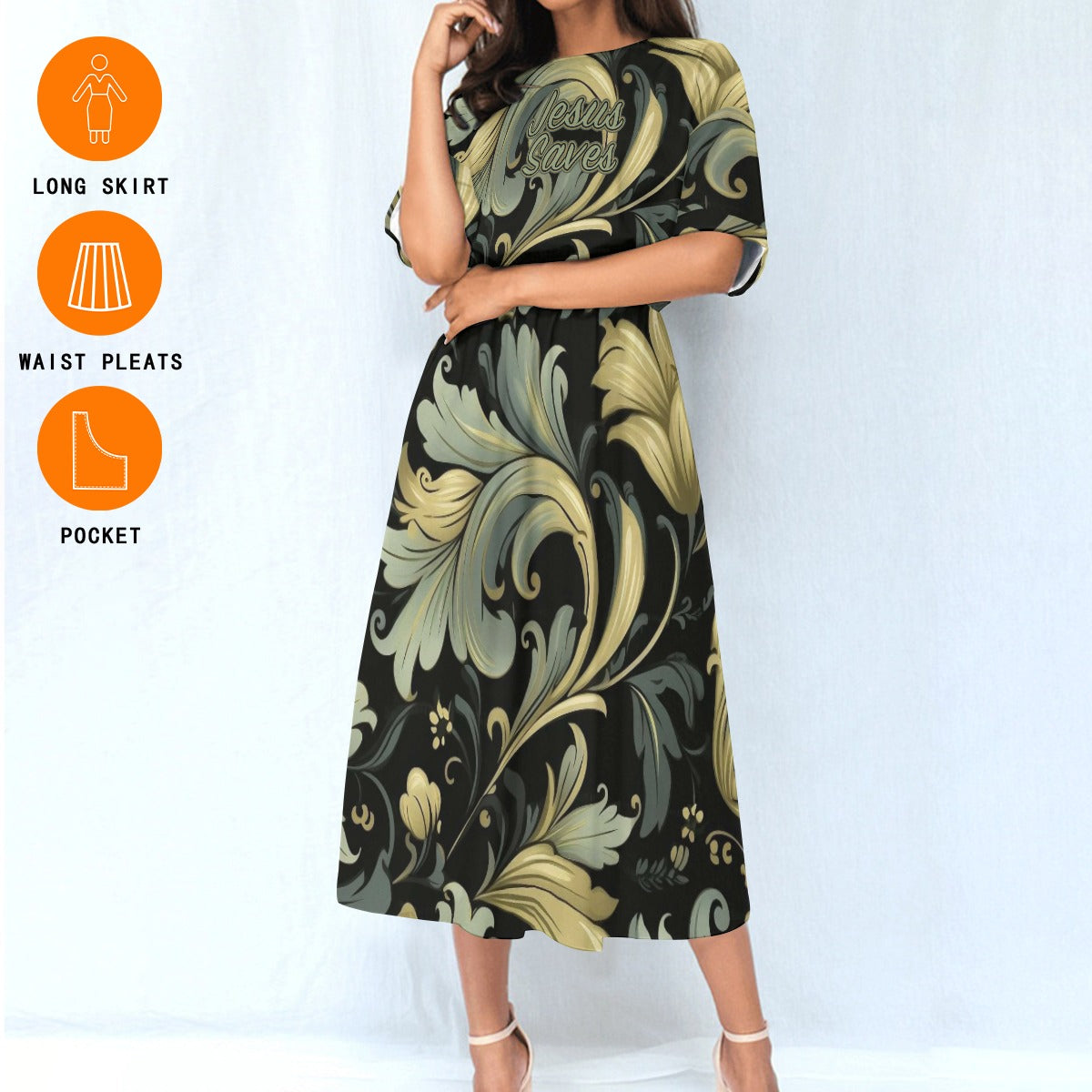 "Jesus Saves" Gold Green & Black Swirly Floral Women's Elastic Waist Dress with Four-Way Stretch for Everyday Fashion