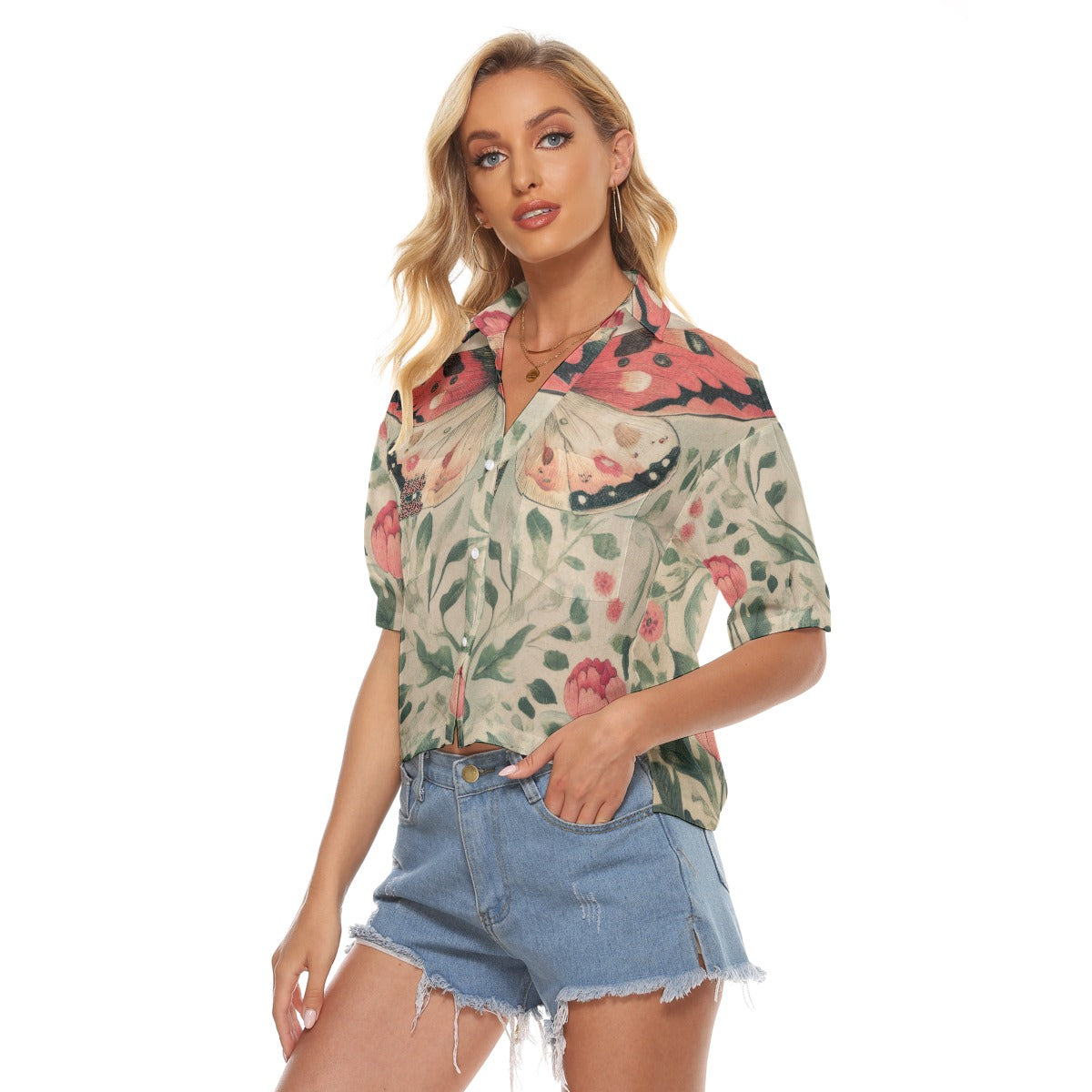"Jesus Saves" Butterfly Floral Women's Fashionable V-neck Polyester Shirt with Side Slits and Double Pockets