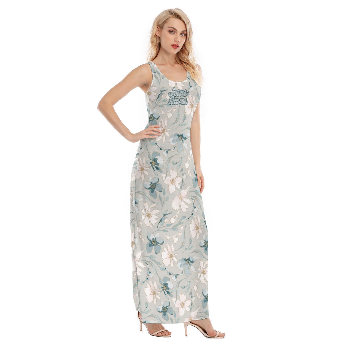 "Jesus Saves" Blue Floral Women's Vest Dress | Length to Ankle | Jersey Fabric