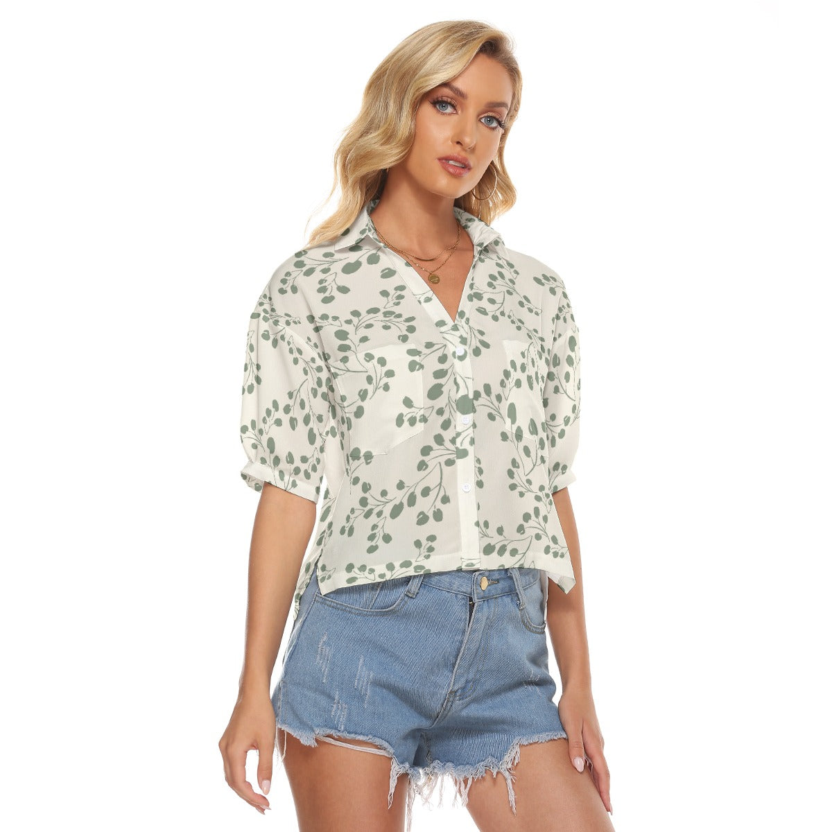 Green & White Floral Print Loose V-Neck Women's Shirt with Side Slits and Pockets