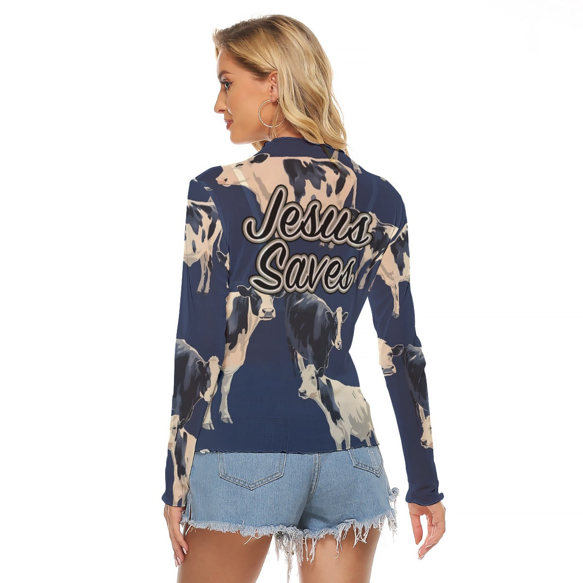 "Jesus Saves" Blue Cow Print Women's Mesh T-shirt