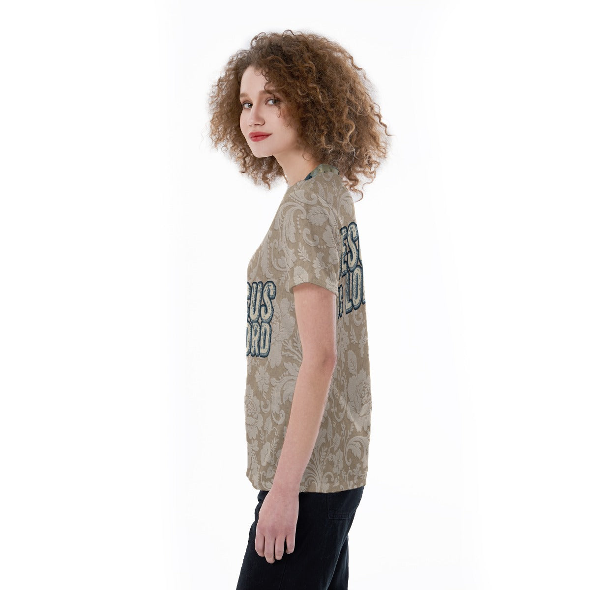 "Jesus is Lord" Beige Floral Pattern with Blue & Beige Damask Pattern Collar All-Over Print V-neck Women's T-shirt