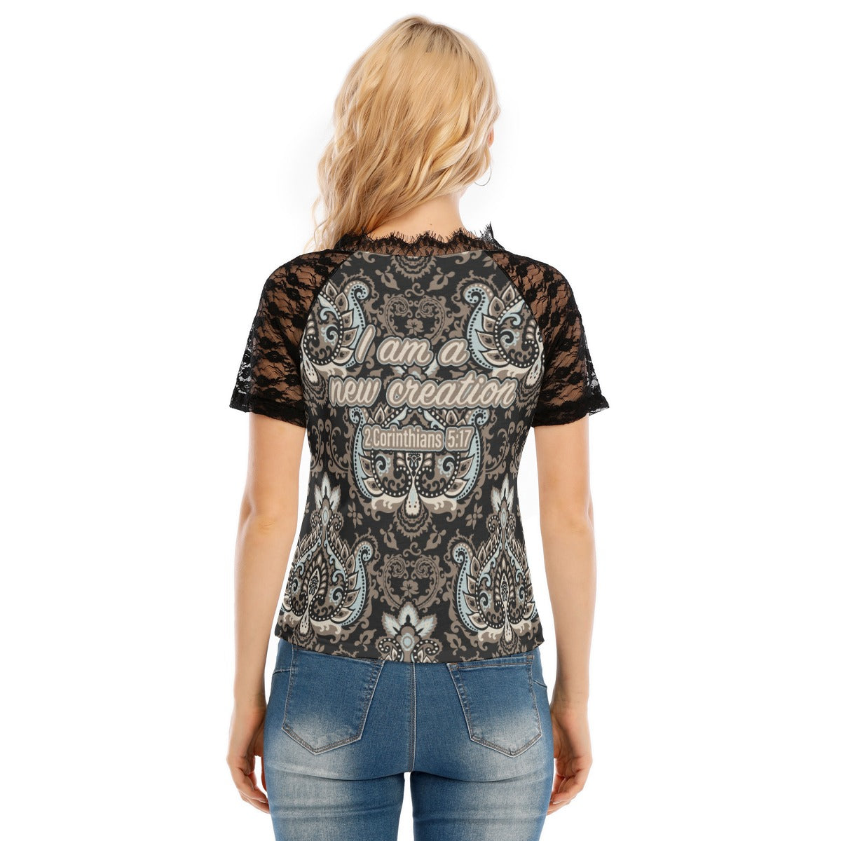 Women's Black Lace V-Neck T-Shirt Tee "I am a new creation"