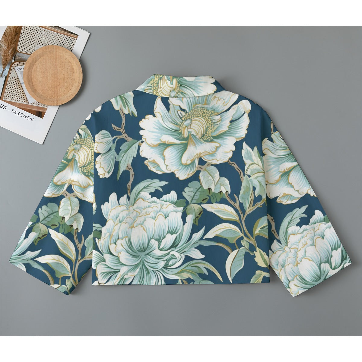 " Jesus Saves" Blue Floral Women's Stylish Cropped Denim-Inspired Cardigan, 100% Cotton, 245GSM | Mid-Sleeves & Pockets
