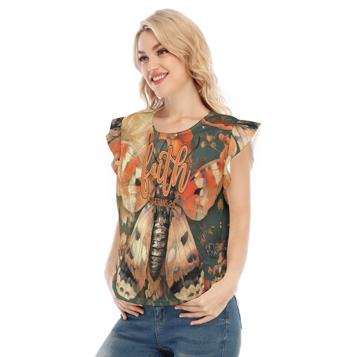 Faith Ephesians 2:8 Women's Ruffle Sleeve O-neck T-Shirt, Soft Jersey Fabric