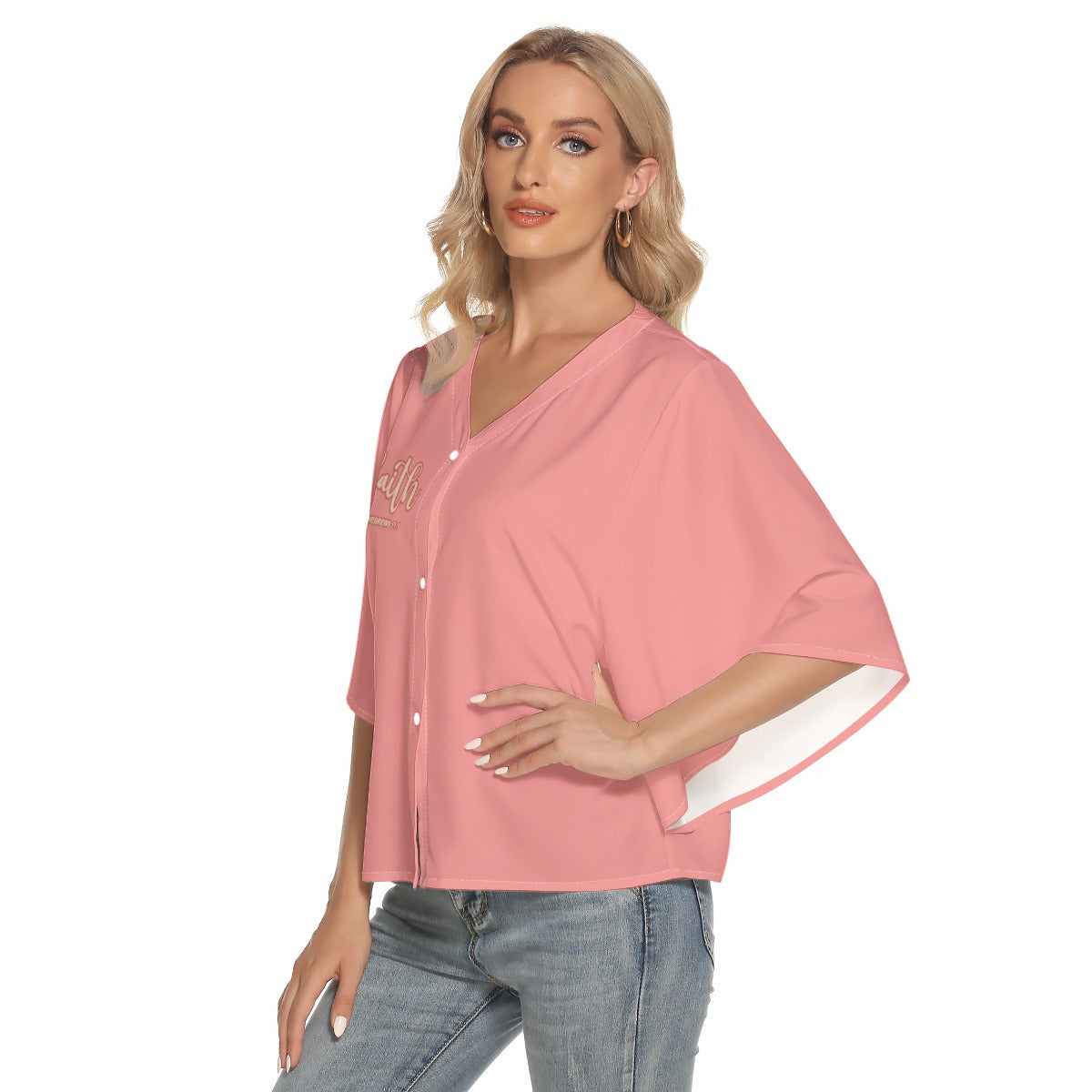 Pink Women's Bat Sleeve Light V-neck Front Buttoned Top "Faith Hebrews 11:1"